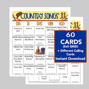 May include: A printable country music bingo game with 60 cards, a 5x5 grid, and different calling cards. The design features a cowboy hat, boots, and song titles like "Jolene" and "Save Me". The words "Instant Download" are also visible.