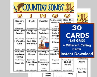 Country-Music-Bingo-Spiel, 30 verschiedene Karten, Musik-Playlist (Digitaler Download)