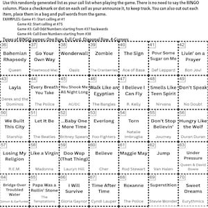 May include: A bingo card with a 70s, 80s, and 90s music theme. The card features a grid of squares with song titles and artist names, such as "Bohemian Rhapsody" and "Queen". Instructions are at the top.