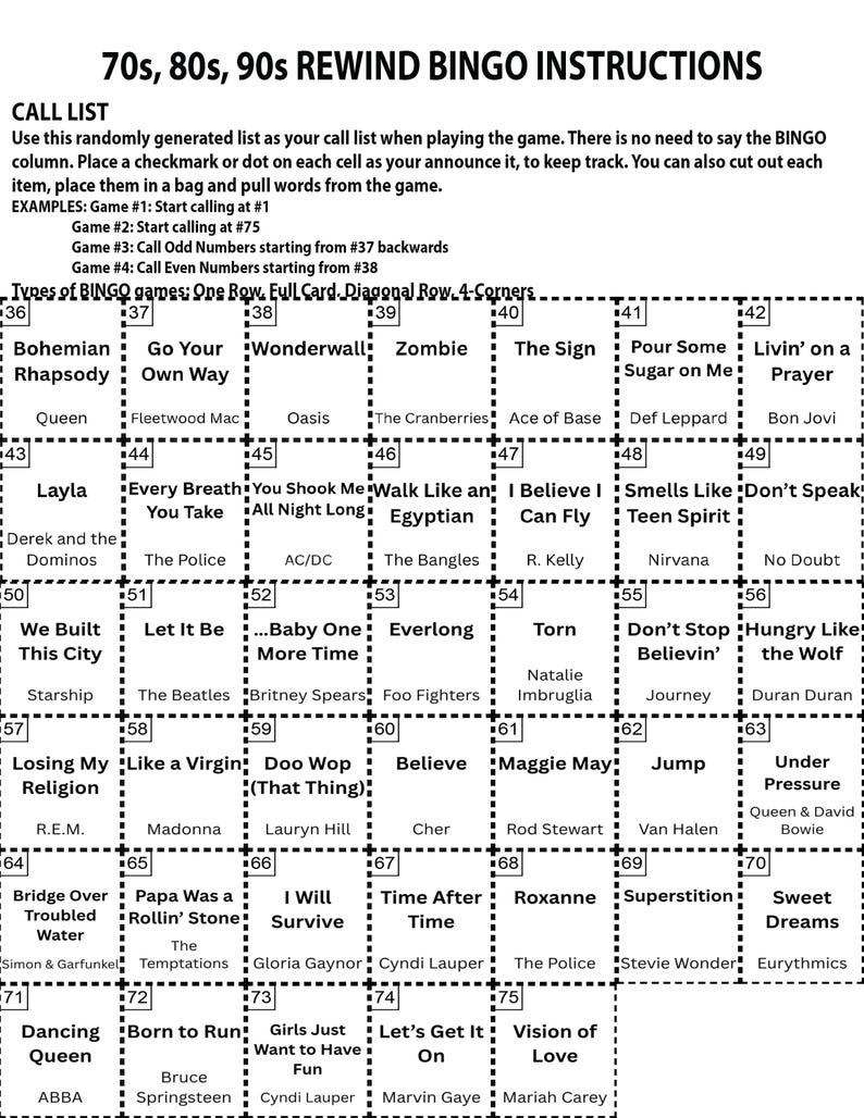 May include: A bingo card with a 70s, 80s, and 90s music theme. The card features a grid of squares with song titles and artist names, such as "Bohemian Rhapsody" and "Queen". Instructions are at the top.