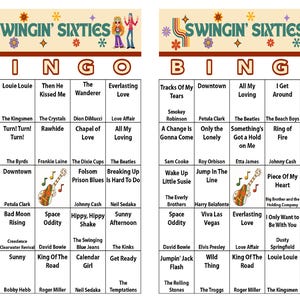 May include: Two retro-style bingo cards with a "Swingin' Sixties" theme. Each card features a grid of song titles from the 1960s, with a colorful design and a vintage aesthetic. Perfect for a themed party.