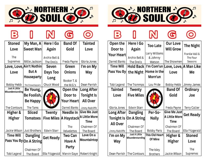 Peut inclure: Deux cartons de loto sur le th&egrave;me de la Northern Soul. Chaque carton pr&eacute;sente une grille de titres de chansons et de noms d'artistes, avec le mot "BINGO" en haut. Les cartes ont un code couleur rouge, noir et blanc.