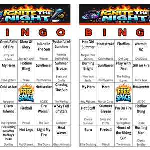 Puede incluir: Dos cartones de bingo con tem&aacute;tica musical. Cada cart&oacute;n presenta una cuadr&iacute;cula de t&iacute;tulos de canciones y nombres de artistas, con las palabras "BINGO" y "FREE SPACE". La parte superior de cada cart&oacute;n muestra "IGNITE THE NIGHT".