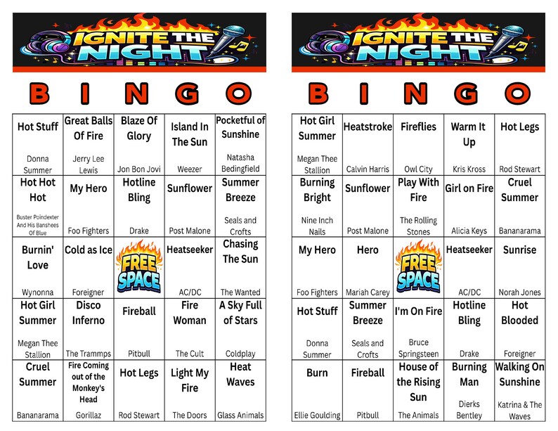 Puede incluir: Dos cartones de bingo con tem&aacute;tica musical. Cada cart&oacute;n presenta una cuadr&iacute;cula de t&iacute;tulos de canciones y nombres de artistas, con las palabras "BINGO" y "FREE SPACE". La parte superior de cada cart&oacute;n muestra "IGNITE THE NIGHT".