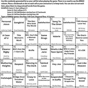 May include: A bingo card titled "Cover Songs Vol. 1 Bingo Instructions" with a call list and examples. The card features a grid of song titles and artists, including "Personal Jesus" and "Songbird."
