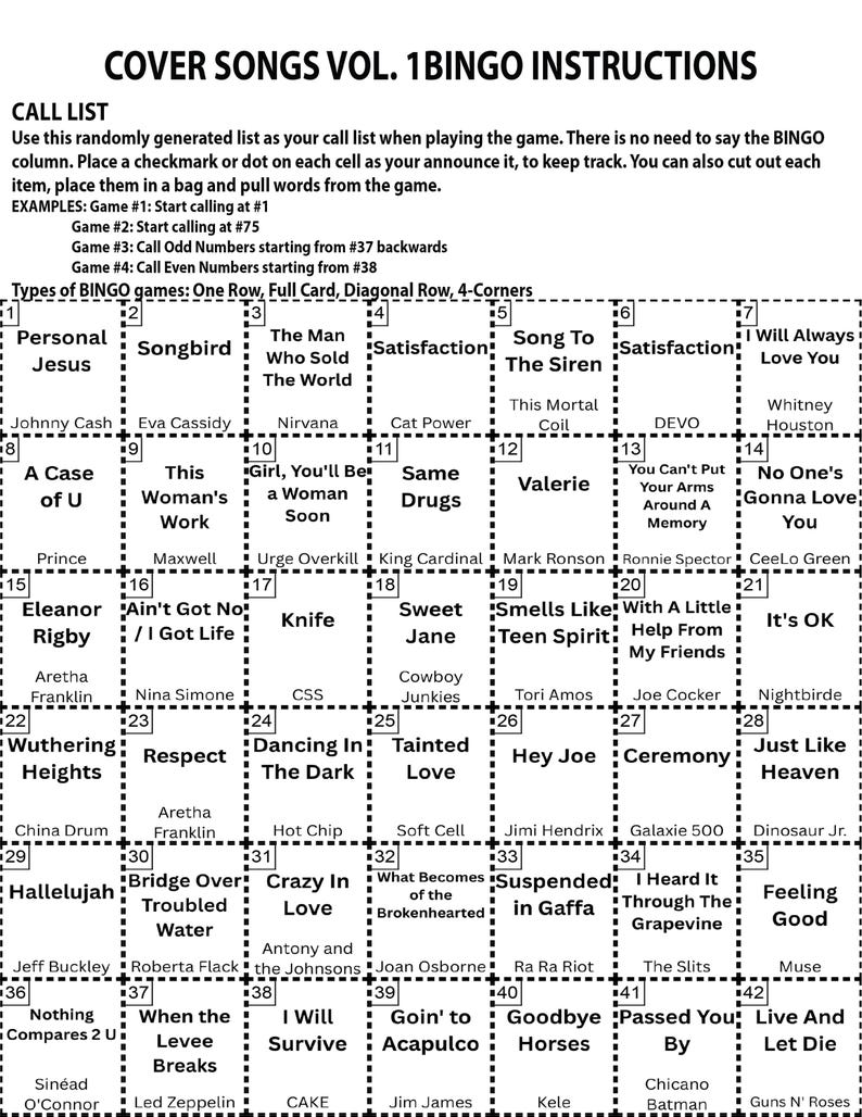May include: A bingo card titled "Cover Songs Vol. 1 Bingo Instructions" with a call list and examples. The card features a grid of song titles and artists, including "Personal Jesus" and "Songbird."