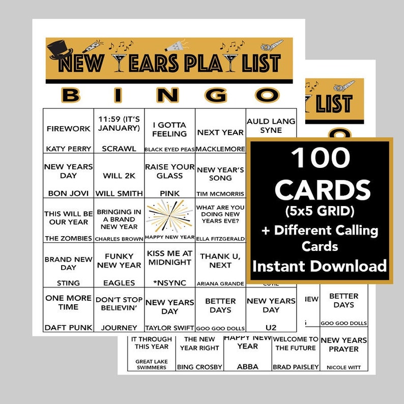 New Years MUSIC Bingo, New Years Eve Bingo, 2023 Countdown, Digital Download, 100 Different cards, Spotify Playlist Included image 1