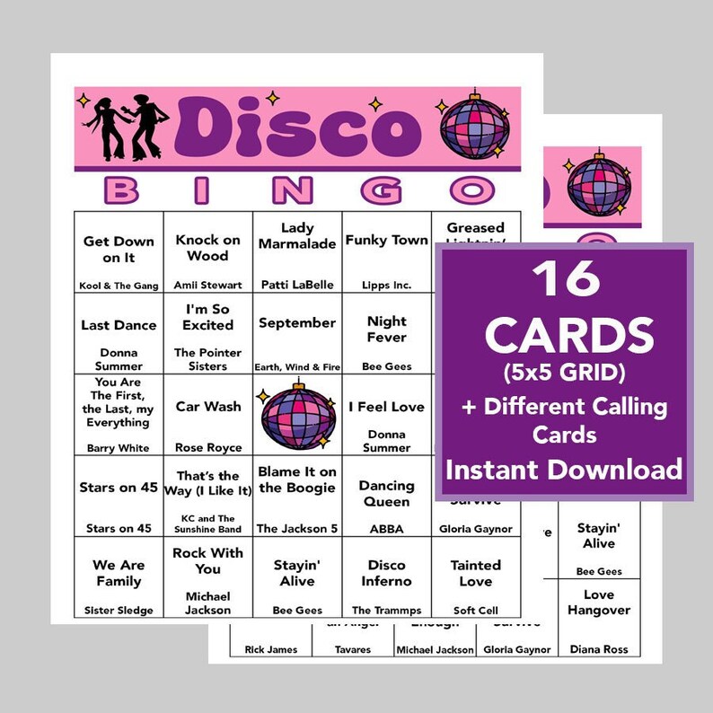 Op de afbeelding: Een roze en paarse bingokaart met een discobal-thema. De kaart heeft 25 vakjes met disco-thema titels zoals "Get Down on It", "Last Dance", "I'm So Excited", "September", "Night Fever", "I Feel Love", "Stars on 45", "Rock With You", "Stayin' Alive", "Disco Inferno", "Tainted Love", "Love Hangover". De kaart maakt deel uit van een set van 16 kaarten.