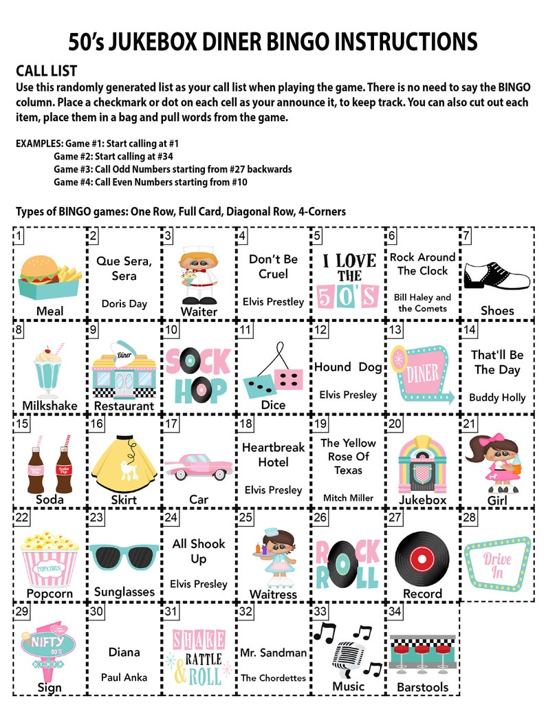 Puede incluir: Una tarjeta de bingo con tem&aacute;tica de los a&ntilde;os 50 con im&aacute;genes de un batido, un restaurante, zapatos, una m&aacute;quina de discos, una camarera y otros iconos de los a&ntilde;os 50. La tarjeta tiene un t&iacute;tulo que dice "50's Jukebox Diner Bingo Instructions".