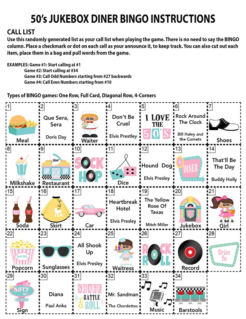 50's Music Hits, 50's Party, 50's Jukebox Diner, Digital Download, Bingo Games, Printable Games, 30 Bingo cards image 3