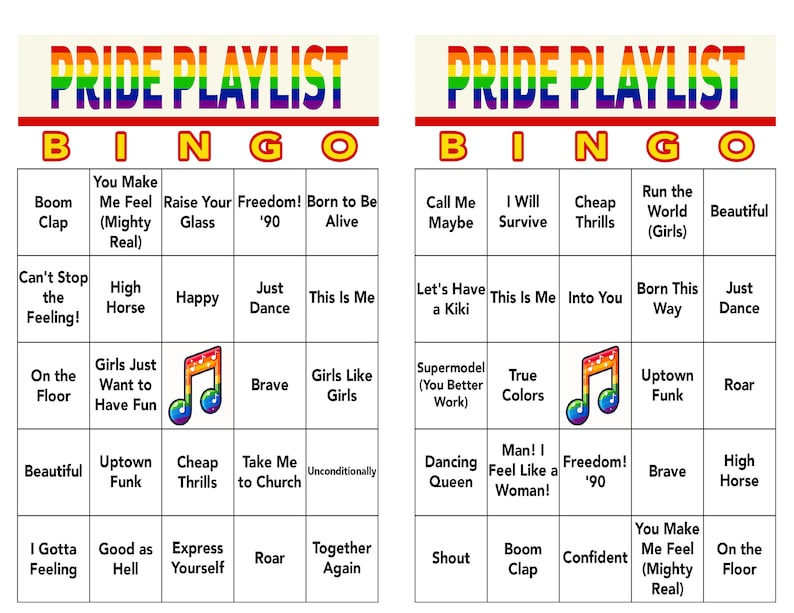 May include: Two Pride Playlist Bingo cards with colorful text and a rainbow-colored header. Each card features song titles like "Uptown Funk" and "Dancing Queen" in the squares. The word "Bingo" is in bold letters.