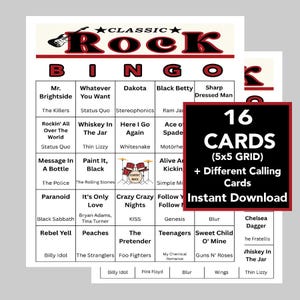 Rock classico, Bingo di musica rock, Festa di musica rock, Download digitale istantaneo, 16 cartelle bingo diverse, 55 canzoni, playlist Spotify inclusa
