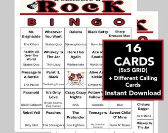 Bingo de música rock clásica, 16 cartones, lista de reproducción de Spotify (descarga digital)
