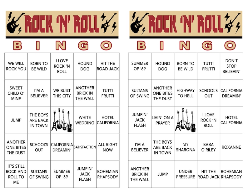 Op de afbeelding: Twee Rock 'N' Roll Bingo kaarten met een bordeauxrode banner en zwarte gitaarsilhouetten. Elke kaart heeft een raster van songtitels zoals "Sweet Child O' Mine" en "Bohemian Rhapsody".