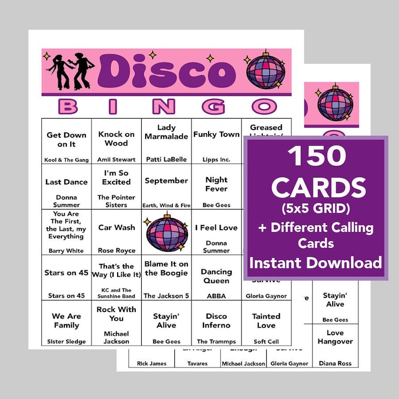 K&ouml;nnte beinhalten: Ein Disco-Bingo-Spielset mit 150 Karten, einem 5x5-Raster und verschiedenen Rufkarten. Das Design zeigt ein rosa-lila Farbschema mit Discokugel-Grafiken und Songtiteln wie "Dancing Queen".