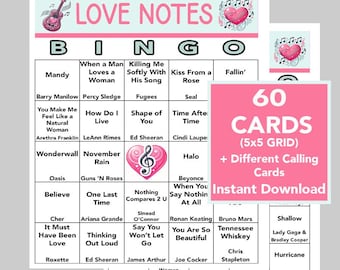 Love Songs, Love Notes Bingo, Music Party, Digital Download, Bingo Games, Printable Games, 60 Bingo cards, Spotify Playlist, Valentine's Day