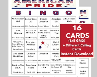 American Pride Music Bingo Game, 16 Cards, USA Songs (Spotify Link) (Instant Download)
