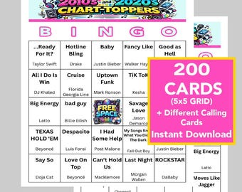 May include: A pink and white bingo card set with the text "2010s and 2020s Chart-Toppers" at the top. The bingo cards feature song titles and artist names. A bright pink square reads "200 CARDS (5x5 GRID) + Different Calling Cards Instant Download."