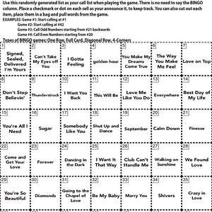 Op de afbeelding: Een zwart-witte bingokaart met een bruiloftsthema. De kaart heeft 42 vakjes met zinnen zoals "I Gotta Feeling", "Love Me Like You Do" en "You're So Beautiful".