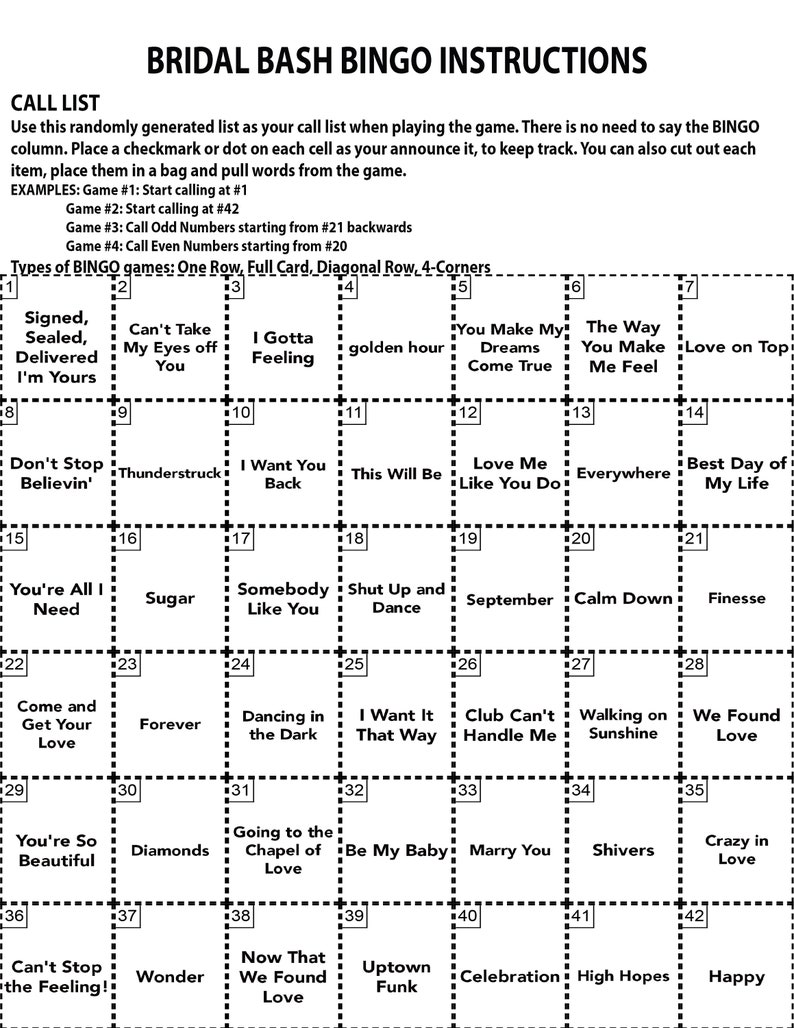 Op de afbeelding: Een zwart-witte bingokaart met een bruiloftsthema. De kaart heeft 42 vakjes met zinnen zoals "I Gotta Feeling", "Love Me Like You Do" en "You're So Beautiful".