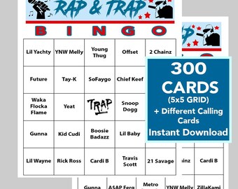 Rap Music, Trap Music, Rap and Trap Bingo, Music Games, Rap and Trap Music, Digital Download, 300 Bingo cards, Spotify Playlist Included