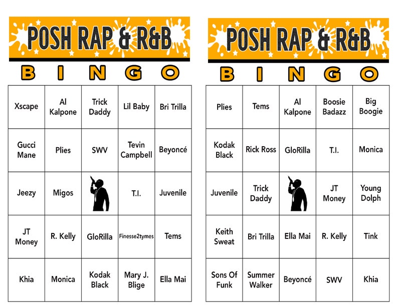 May include: A yellow and black bingo card with the title "POSH RAP & R&B" and a list of popular artists' names in the squares. The card is designed for a game of bingo.