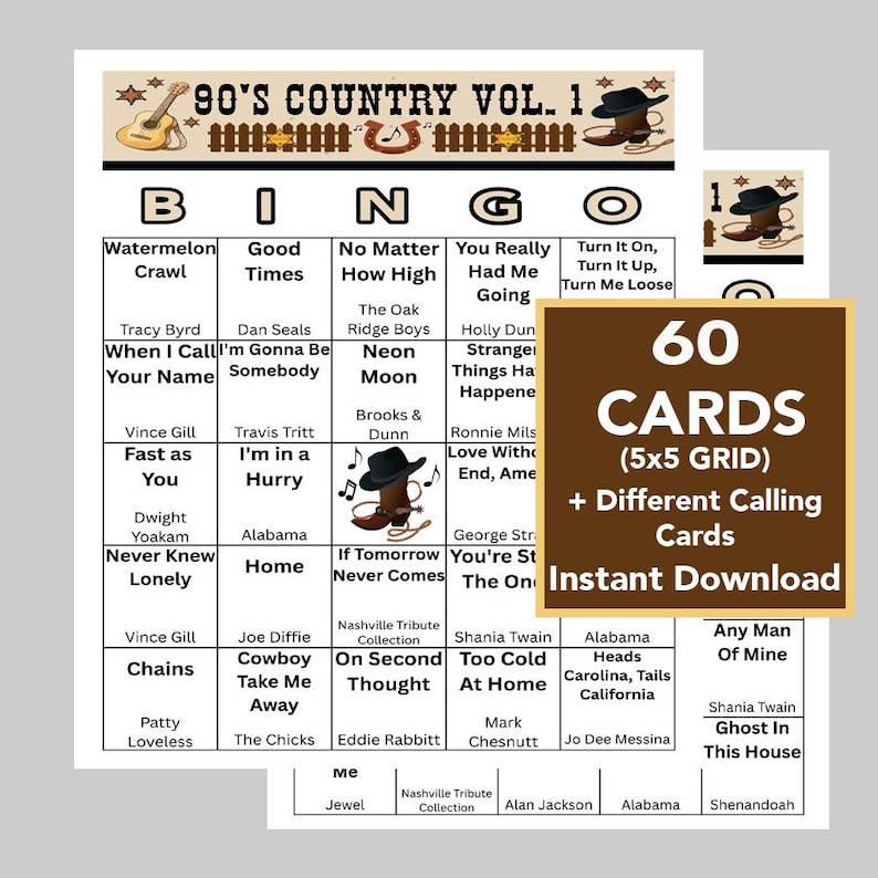 May include: A bingo game set with a country music theme. The game includes 60 cards with a 5x5 grid, plus different calling cards. The title "90's Country Vol. 1" is displayed at the top.