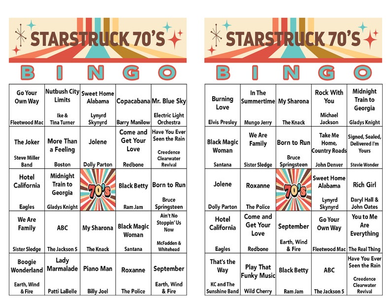 May include: A colorful bingo card with a 70's theme. The card features popular songs, artists, and events from the 1970s.  The center square has a 70's graphic with a red, orange, and yellow color scheme.