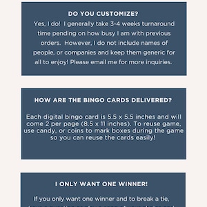 K&ouml;nnte beinhalten: Eine blaue und wei&szlig;e Grafik mit dem Text "FAQs continued..." in Gold. Die Grafik enth&auml;lt drei Abschnitte mit den folgenden Fragen: "Bieten Sie individuelle Anpassungen an?", "Wie werden die Bingokarten geliefert?" und "Ich m&ouml;chte nur einen Gewinner!"