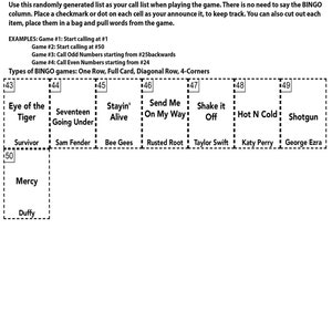 May include: A bingo card featuring a list of popular dance songs. The card is divided into a 5x5 grid with numbers 43 to 49 listed at the top of each column. The centre square is labelled "Survivor". The other squares contain the names of songs and artists, such as "Eye of the Tiger" by Survivor, "Seventeen Going Under" by Sam Fender, "Stayin' Alive" by Bee Gees, "Send Me On My Way" by Rusted Root, "Shake it Off" by Taylor Swift, "Hot N Cold" by Katy Perry, and "Shotgun" by George Ezra.