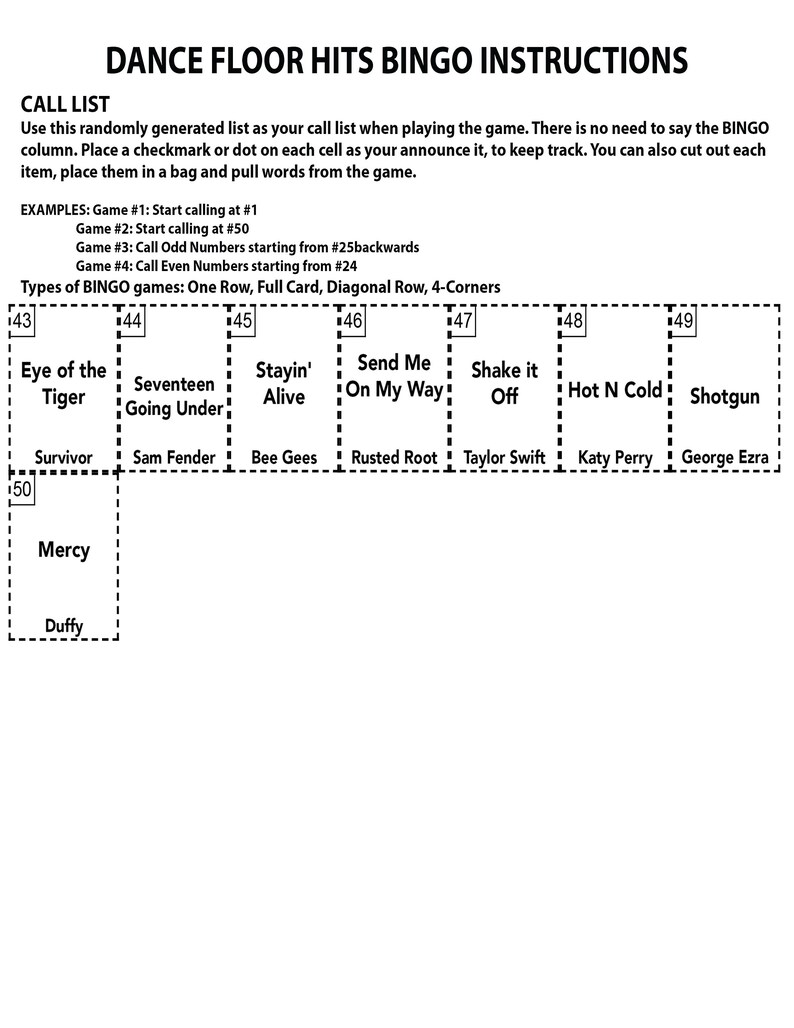 May include: A bingo card featuring a list of popular dance songs. The card is divided into a 5x5 grid with numbers 43 to 49 listed at the top of each column. The centre square is labelled "Survivor". The other squares contain the names of songs and artists, such as "Eye of the Tiger" by Survivor, "Seventeen Going Under" by Sam Fender, "Stayin' Alive" by Bee Gees, "Send Me On My Way" by Rusted Root, "Shake it Off" by Taylor Swift, "Hot N Cold" by Katy Perry, and "Shotgun" by George Ezra.