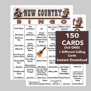 Música country, jogo de bingo de sucessos country, festa de música country, download digital, jogos de bingo, 150 cartões de bingo diferentes, lista de reprodução do Spotify