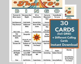 70's Music Hits, 70's Party, 70's Birthday, Digital Download, Bingo Games, Printable, 30 Different Bingo cards, Spotify Link, 47 Songs