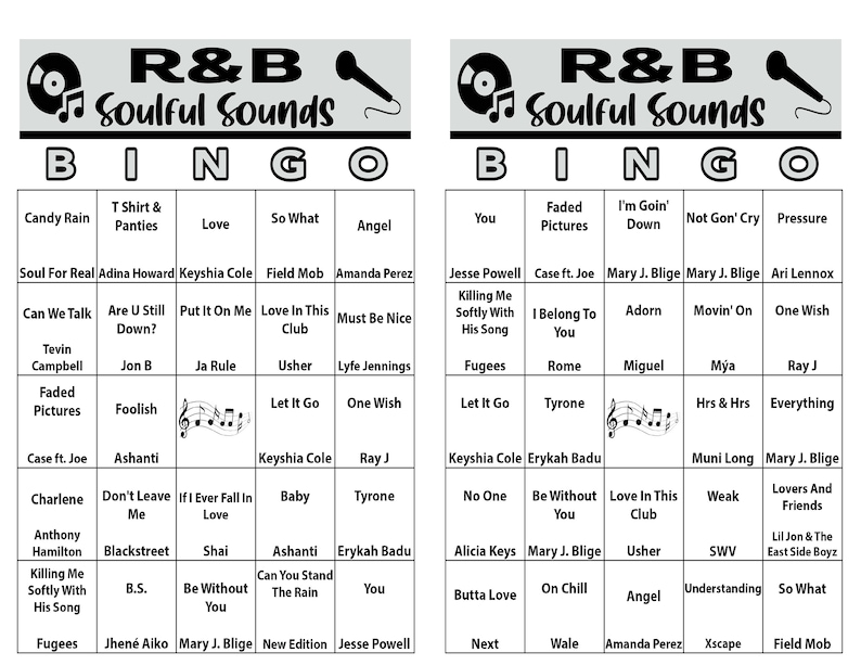 Może przedstawiać: Dwie karty do bingo R&B z tytułami piosenek i nazwiskami wykonawc&oacute;w. Na g&oacute;rze każdej karty widnieje napis "R&B Soulful Sounds" z mikrofonem i grafiką nuty. Karty są przeznaczone do gry o tematyce muzycznej.