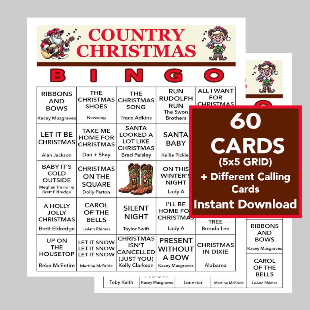 Country Christmas Music, Country Christmas Music Bingo Party, Digital ...