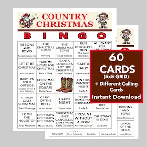 Música country de Natal, Festa de bingo com música country de Natal, Download digital, Jogos para impressão, 60 cartões de bingo diferentes, Lista de reprodução do Spotify