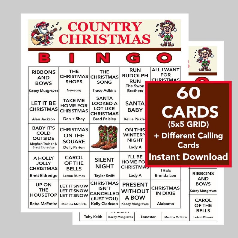 May include: 60 Country Christmas Bingo Cards with a 5x5 grid. The cards feature a red and white background with a brown border. The cards have a variety of country Christmas songs and themes. The cards are perfect for a fun and festive game night.