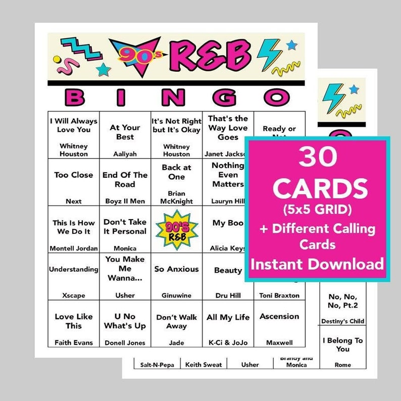 Puede incluir: Una tarjeta de bingo rosa y negra con un tema de R&B de los 90. La tarjeta tiene una cuadr&iacute;cula de 5x5 con casillas que contienen t&iacute;tulos de canciones y artistas de la era del R&B de los 90. La tarjeta se titula "Bingo de R&B de los 90" y tiene un dise&ntilde;o rosa y negro con un gr&aacute;fico de estrella y rayo. La tarjeta es parte de un conjunto de 30 tarjetas.