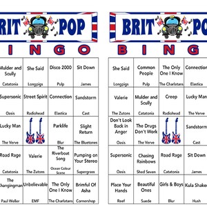 BRIT POP Music Hits, British POP Music Party, Téléchargement numérique, Jeux de bingo, Jeux imprimables, 30 cartes de bingo différentes, Liste de lecture Spotify image 2