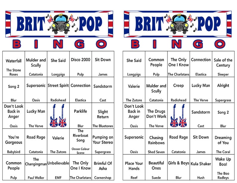 BRIT POP Music Hits, British POP Music Party, Téléchargement numérique, Jeux de bingo, Jeux imprimables, 30 cartes de bingo différentes, Liste de lecture Spotify image 2