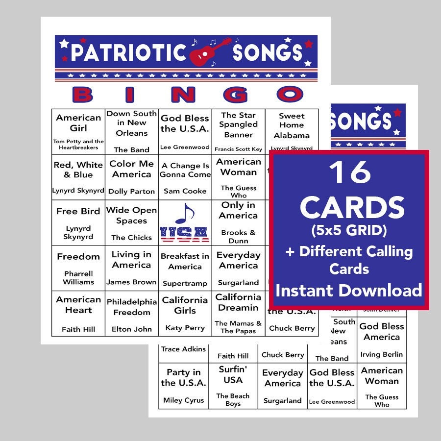 Patriotic Songs Bingo, Memorial Day Bingo, 4th of July Bingo, USA Songs Bingo, 16 Different Bingo Cards, Spotify Link Included