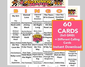 Motown Music Bingo Game | Motown Legends | Printable Music Bingo | Soul & RnB Party Game | Instant Download, Music Playlist, 60 Diff Cards