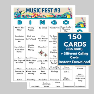 60s, 70s, 80s, 90s, 2000&#39;s Music Bingo, Music Fest Celebration, Instant Digital Download, 150 Different cards, 70 songs, Spotify Playlist