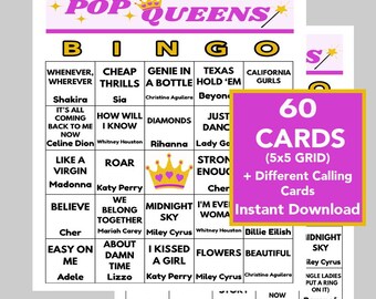 POP Queen Music Hits, Female Singers, Queen of Music, Music Bingo, Digital Download, 60 Different Bingo cards, Spotify Playlist Incl.