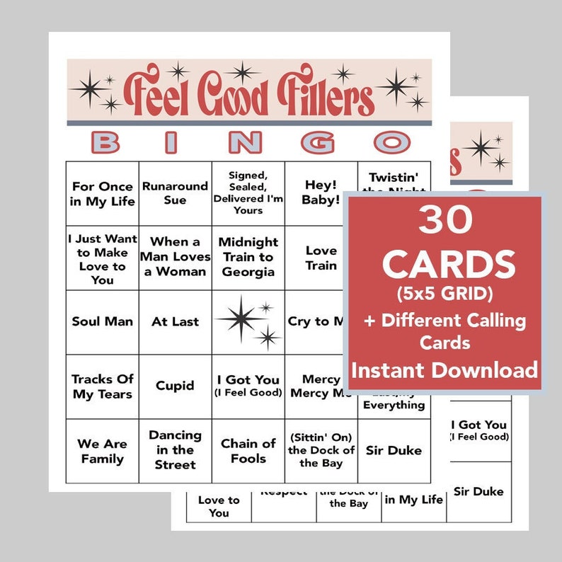 May include: A printable bingo card set with 30 cards, each with a 5x5 grid. The cards feature a variety of phrases related to love and relationships, such as "For Once in My Life", "Soul Man", "Tracks of My Tears", "We Are Family", and "Love to You". The cards are designed in a retro style with a pink and white colour scheme.