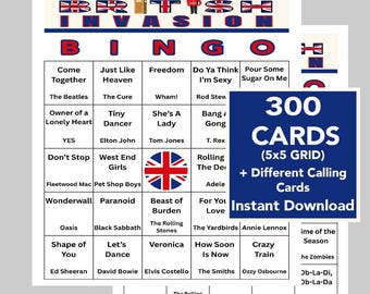 イギリス音楽ビンゴ、イギリス音楽、イギリスビンゴゲーム、インスタントデジタルダウンロード、ビンゴカード300枚、Spotifyプレイリスト付き、45曲