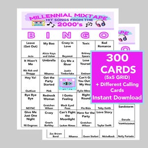 2000&#39;s Music, 2000&#39;s Music Bingo, Instant Digital Download, Spotify Playlist Included, 70 Different Songs, 300 Unique Bingo cards