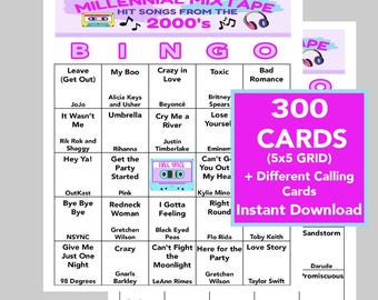 Música de los 2000, Bingo musical de los 2000, Descarga digital instantánea, Lista de reproducción de Spotify incluida, 70 canciones diferentes, 300 tarjetas de bingo únicas