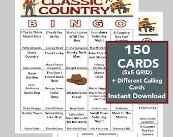 Country Music Hits, Classic Country Music, Music Bingo, Instant Digital Download, 150 Different Bingo cards, Spotify Playlist included