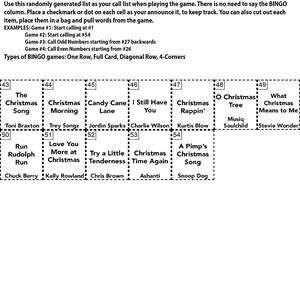 May include: A black and white bingo card with a Christmas theme. The card has 25 squares with R&B Christmas songs and artists. The squares are numbered 43 through 49. The card is titled "R&B Christmas Bingo Instructions".